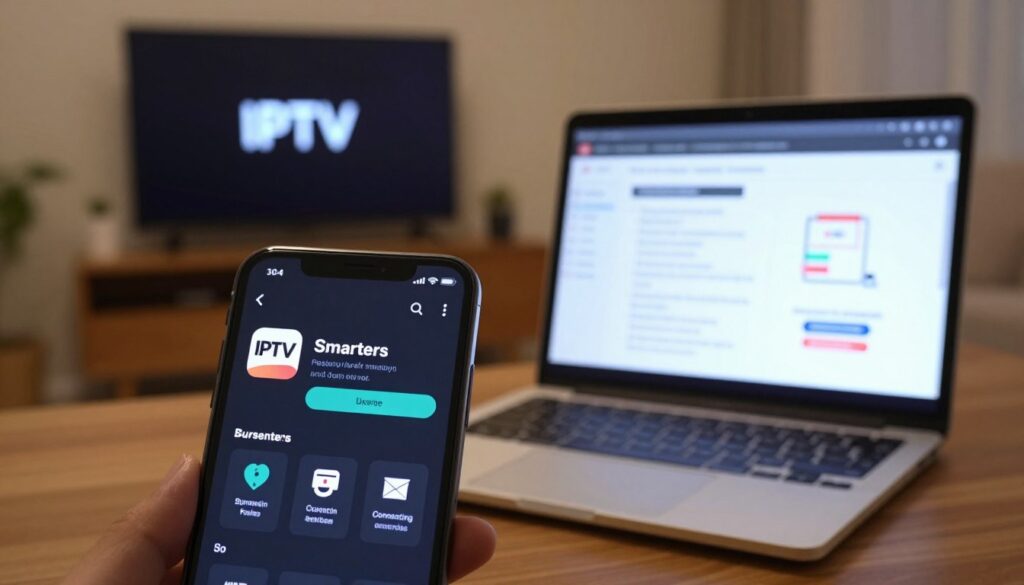 A visually engaging image depicting common IPTV issues and solutions. In the foreground, a close-up of a modern smartphone displaying the IPTV Smarters app with error messages on the screen, alongside icons representing buffering, connection failure, and video quality problems. In the middle ground, a laptop showing a troubleshooting guide, with a checklist and diagrams that illustrate potential fixes. The background features a cozy living room setting with a TV displaying static or a loading symbol, warmly lit to create a relaxed atmosphere. Soft focus and warm, inviting lighting enhance the mood, conveying a sense of approachable technology support. The angle captures both the devices and the ambiance, inviting viewers to explore solutions to their IPTV troubles.