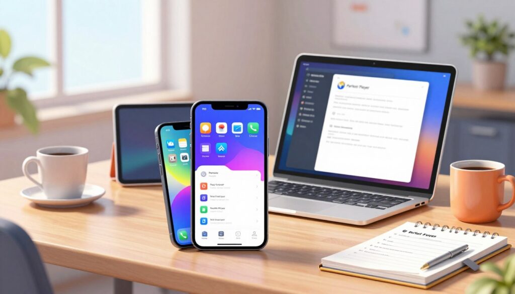 A visually engaging step-by-step guide illustration for installing Perfect Player on iOS devices like iPhone and iPad. In the foreground, display a sleek iPhone and iPad showing the Perfect Player app interface, with brightly colored app icons and a user-friendly layout. In the middle ground, depict a stylized workspace with a tablet and laptop, accompanied by an inviting coffee mug and a notepad filled with installation notes. In the background, softly blur an office environment with natural light streaming in, creating a warm and professional atmosphere. Use soft focus to keep the viewer's attention on the devices and the installation process. The setting should evoke clarity, focus, and a sense of achievement in tech setup.