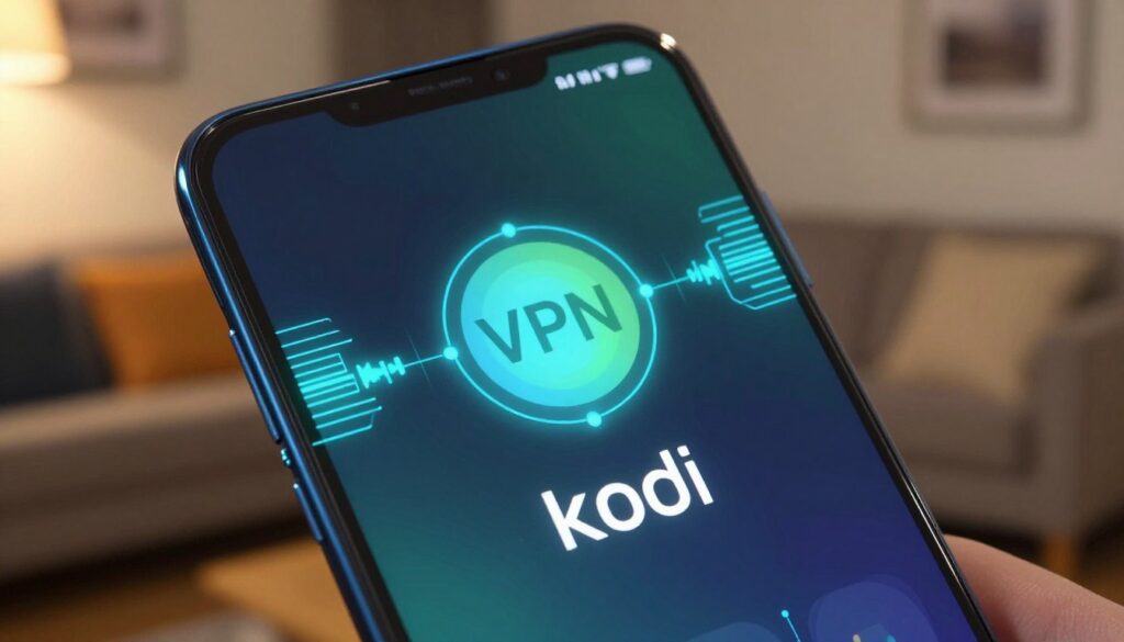 A vivid, high-tech representation of a virtual private network (VPN) interface for Kodi on an Android smartphone. In the foreground, an angular, sleek Android smartphone displays the Kodi app, featuring its iconic logo, set against a subtle glowing background. The middle layer shows a stylized VPN connection symbol, with digital data streams illustrating security. In the background, a cozy living room setting hints at comfortable viewing, with soft lighting that creates a warm, inviting atmosphere. The angle is slightly tilted to emphasize the smartphone and VPN connection, suggesting a dynamic and modern tech environment. The overall mood conveys a sense of safety, security, and enhanced entertainment through technology.
