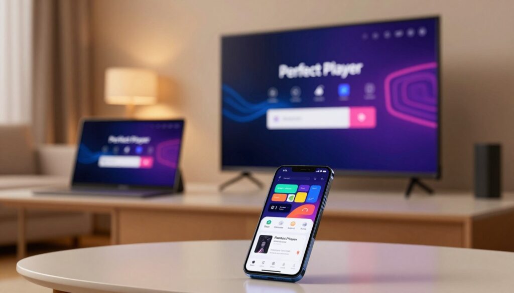 A well-organized scene illustrating the installation of the Perfect Player app on various devices, including an Android smartphone, tablet, and a smart TV. In the foreground, display a close-up of a smartphone with the app interface visible, showcasing vibrant colors and user-friendly design. The middle layer features a clean tabletop with a tablet and a smart TV displaying the Perfect Player setup screen, capturing the ease of use across devices. In the background, softly blurred, a cozy room ambiance with warm lighting creates an inviting atmosphere. Use a subtle depth of field to focus on the devices while providing a professional, polished look, ensuring no text or overlays are present, just the devices in their practical environment.