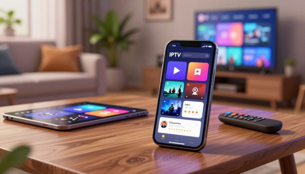 An engaging digital illustration showcasing an IPTV player interface on a sleek modern smartphone, placed on a stylish wooden table. In the foreground, the smartphone displays vibrant app icons related to IPTV features, such as a play button, channel list, and user reviews with star ratings. The middle ground includes a digital tablet and a remote control, symbolizing various IPTV functionalities. In the background, there is a cozy living room with soft ambient lighting, featuring a comfortable sofa, a flat-screen TV displaying streaming content, and plants for a touch of greenery. The overall atmosphere is warm and inviting, reflecting a contemporary tech-savvy lifestyle. Use soft focus on the background to emphasize the smartphone and its screen.
