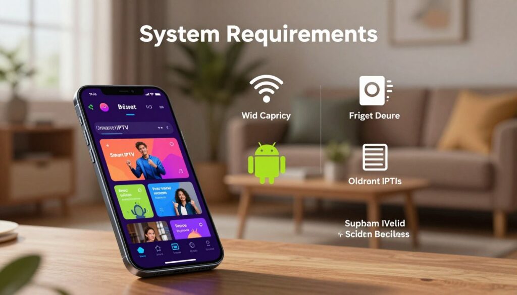 An informative and visually appealing illustration depicting the system requirements for IPTV on Android devices. In the foreground, display a modern Android smartphone showcasing the Smart IPTV app interface, with vibrant colors and user-friendly navigation. The middle layer features key system requirements represented through icons or symbols, such as Wi-Fi connectivity, storage capacity, and software version, arranged in a sleek format. In the background, create a subtle blur of a cozy living room setting to suggest an inviting entertainment environment. The lighting should be bright yet soft, casting a warm glow over the phone to enhance its features, while a shallow depth of field emphasizes the phone and requirements. The overall mood should convey readiness and excitement for setting up IPTV.