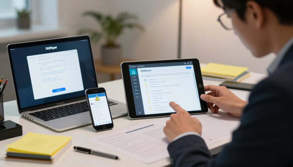 An organized workspace featuring an iPhone and an iPad displaying the OttPlayer app, surrounded by troubleshooting elements like warning icons, a checklist, and tools. In the foreground, a professional person, dressed in business attire, is intently examining a screen with a focused expression, symbolizing problem-solving. The middle ground includes a cluttered desk with notes and a laptop showing an error message related to the installation process. In the background, a softly lit room creates a calm ambiance, with subtle shadows that impart depth. The lighting is bright yet diffused, enhancing the clarity of the devices and papers. The overall mood conveys a sense of diligence and determination in overcoming installation challenges.