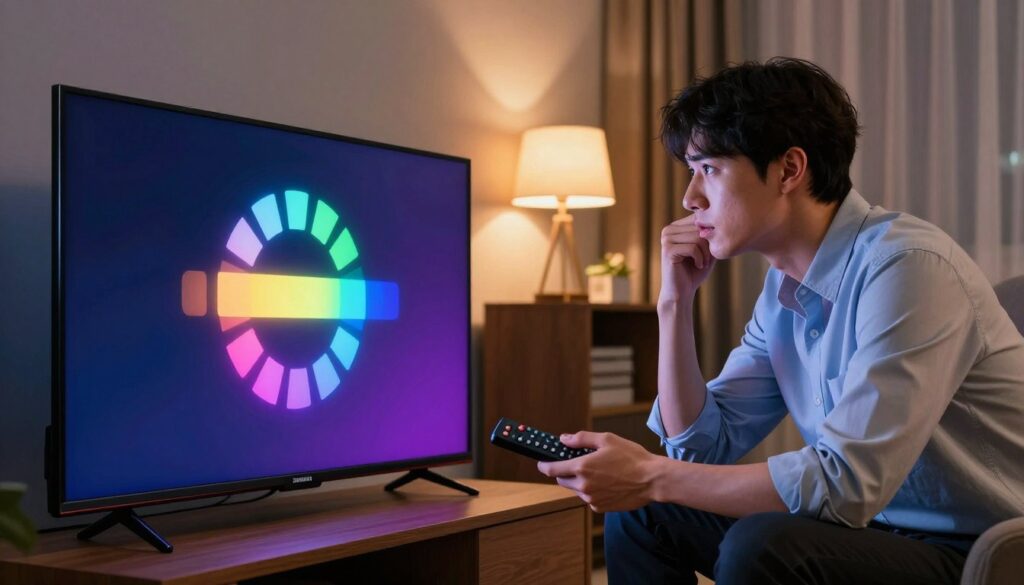 A Samsung Smart TV displaying a buffering symbol in the foreground, illustrating the frustration of IPTV issues. The TV screen shows a spinning loading icon, with vibrant colors indicating connectivity problems. In the middle ground, a concerned user is seated, dressed in a tidy business casual outfit, looking intently at the screen, with a remote control in hand. In the background, a cozy living room setting is depicted, with soft, warm lighting emanating from a decorative lamp, enhancing the atmosphere of home troubleshoot. The viewer should feel a sense of urgency and determination as they work to resolve these buffering problems. The angle captures both the TV and the user clearly, emphasizing the focal points of the image while creating a relatable tech-support scenario.