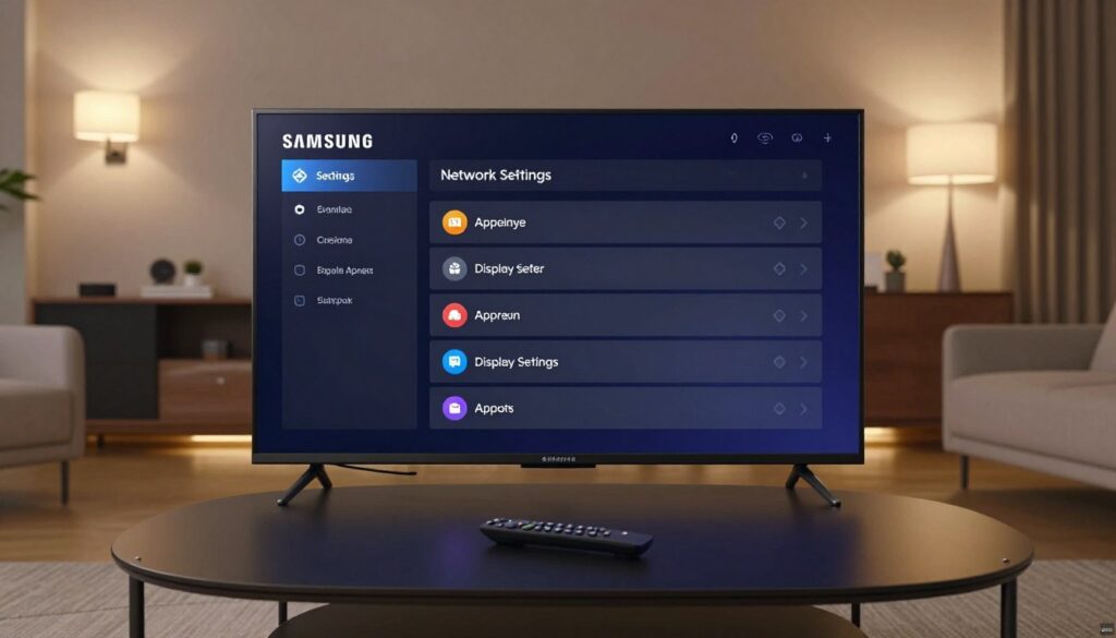 A Samsung Smart TV displaying the settings menu in a sleek, modern living room featuring clean lines and contemporary furniture. The foreground captures the TV screen with a crisp, detailed view of the settings menu, highlighting options like network settings, display settings, and application management. In the middle, a stylish coffee table with a remote control rests beneath the TV, showcasing a cozy ambiance. The background reveals soft, ambient lighting emanating from wall sconces, creating a warm atmosphere. The perspective is from an eye-level angle, providing a direct view of the TV and ensuring the focus remains on the settings interface. The overall mood is inviting and tech-savvy, perfect for illustrating a guide on system preparations.
