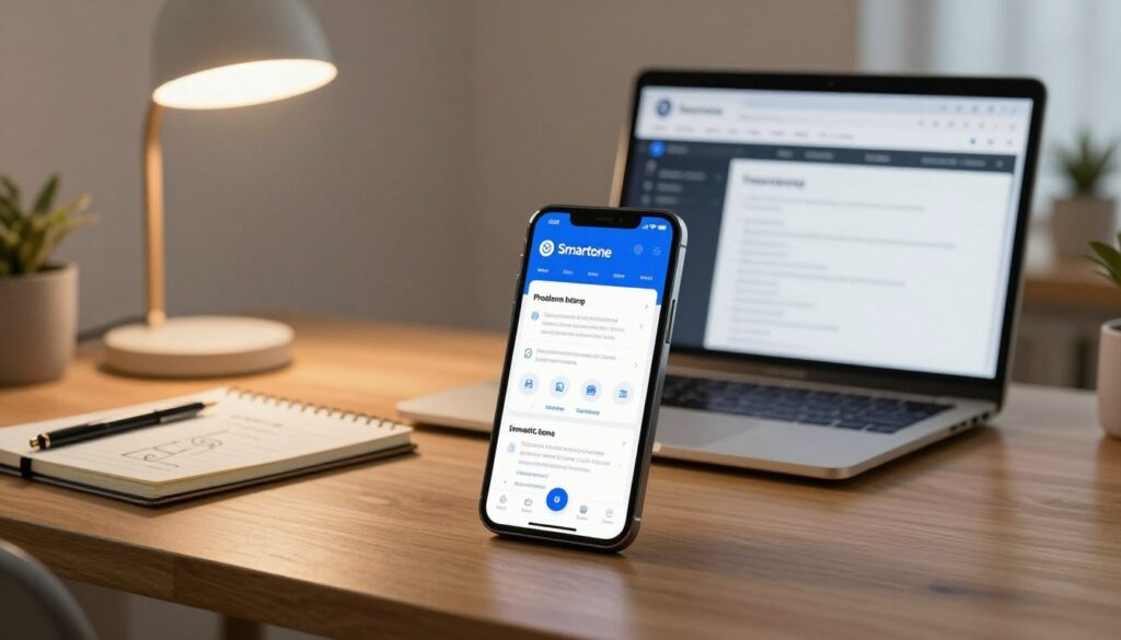 A clean and modern digital workspace featuring a smartphone displaying a problem-solving interface of the Smartone app. In the foreground, the smartphone is prominently placed on a sleek wooden desk, with an elegant lamp providing warm lighting, highlighting the app's intuitive design. In the middle-ground, tools for troubleshooting such as a laptop opened to a tech support forum and a notepad with notes and diagrams are arranged neatly. The background shows a soft-focus blurred setting of a cozy, well-lit home office. The atmosphere is calm and focused, conveying a sense of clarity and ease in resolving common installation errors. The scene should evoke a professional environment without any characters present.