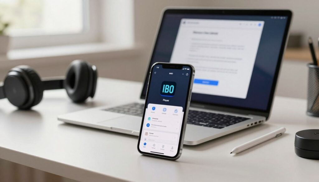 A clean and modern workspace illustrating the installation steps for the IBO player on iPhone and iPad. In the foreground, a high-resolution iPhone displaying the IBO player app screen, highlighting its logo and interface. In the middle, a sleek laptop with installation instructions visible on the screen, surrounded by tech gadgets like a stylus and headphones. The background features a bright, organized desk setup with soft natural light coming through a window, creating a warm and inviting atmosphere. The scene evokes a sense of professionalism and clarity, ideal for instructional purposes. The composition uses a shallow depth of field to keep the focus sharp on the devices, enhancing the immersive experience of learning how to install the app.