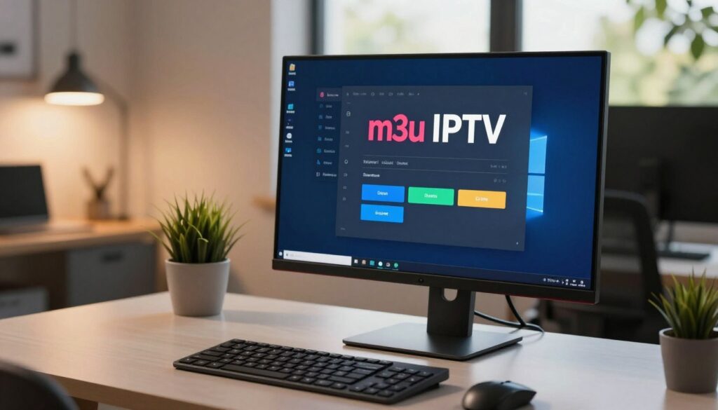 A clean, focused computer screen displaying the installation interface of an m3u IPTV player on a Windows PC. The foreground features the monitor clearly showing a step-by-step installation process, with vibrant graphics and buttons highlighted for clarity. A sleek, modern keyboard and mouse are positioned neatly in front of the screen. The middle ground includes a home office setting, with a tidy desk, a small potted plant, and soft ambient lighting that creates a warm and inviting atmosphere. In the background, a blurred window reveals a sunny day outside, enhancing the workspace’s appeal. The scene is captured from a slightly elevated angle, giving an overview of the installation process while maintaining a professional and organized feel.
