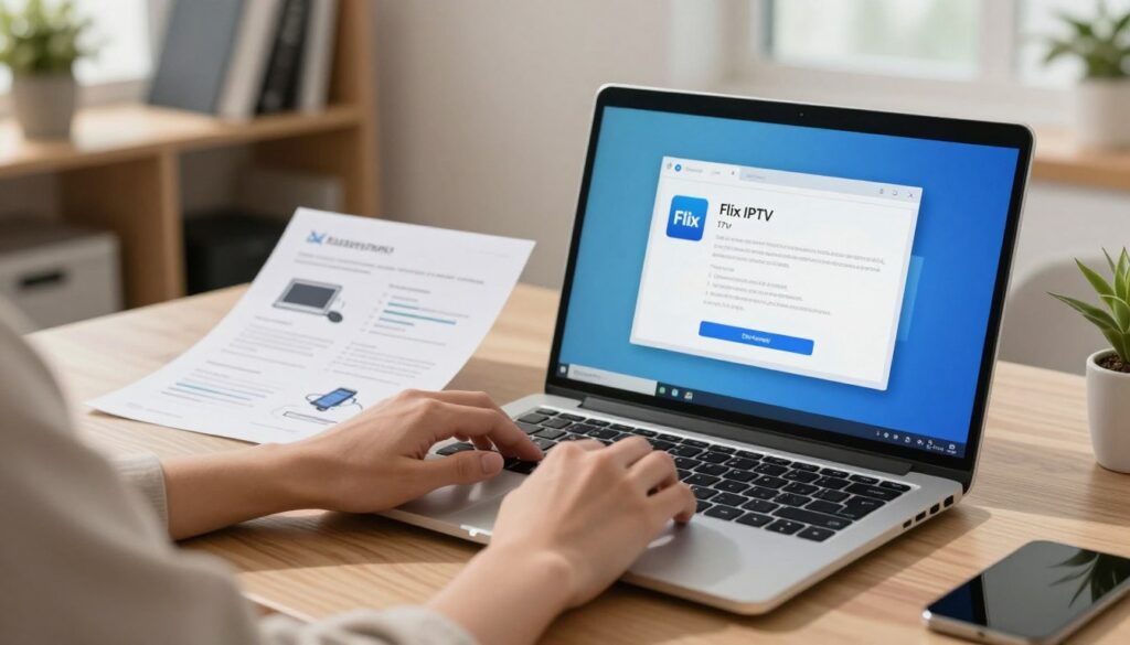A clean, modern workspace featuring a laptop with a Linux operating system displaying the installation steps for Flix IPTV on its screen. In the foreground, a pair of hands, wearing minimal, professional attire, are interacting with the laptop. In the middle ground, a printed guide showcasing clear steps and illustrations related to Flix IPTV installation is spread out beside the laptop. The background features a softly lit room with shelves containing tech books and plants, creating a calm and focused atmosphere. The lighting is warm and inviting, with natural light streaming in through a window, and a shallow depth of field to emphasize the laptop and printed guide. The overall mood conveys a sense of productivity and clarity, ideal for a step-by-step installation guide.