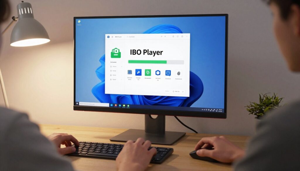 A clean, organized work desk featuring a sleek Windows PC with a modern monitor displaying the IBO Player installation interface. In the foreground, a pair of hands expertly navigating the mouse, highlighting the methodical installation process. The middle ground showcases a clearly visible download progress bar, and icons for software components associated with IBO Player. The background consists of a softly lit room, with a gentle glow from a desk lamp casting a warm light, creating an inviting atmosphere. The scene conveys a sense of productivity and understanding, aimed at helping users. The overall mood is encouraging and focused, suitable for a guide on technical installation.