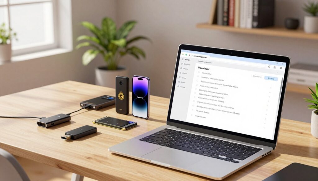 A clear and detailed illustration of system requirements for Linux iboplayer, set in a professional workspace. In the foreground, a modern laptop displays a brightly lit screen showing a checklist of technical specifications and features required for iboplayer. The middle layer features scattered tech items like a USB drive, a Raspberry Pi, and Android devices, symbolizing software compatibility. The background showcases a minimalist office design with soft lighting, a potted plant, and shelves lined with tech books, creating a calm and focused atmosphere. Use a warm, inviting color palette to enhance the mood, with natural light filtering through a nearby window, casting soft shadows. The angle should be slightly elevated, providing a comprehensive view of the workspace without any distractions or additional elements.