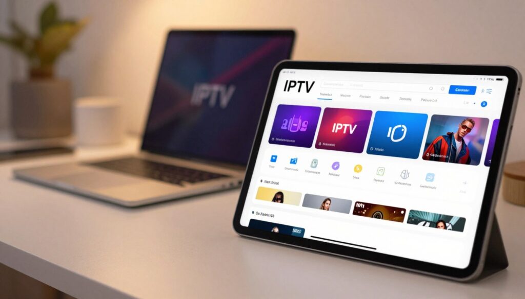A clear, detailed depiction of an iOS device, like an iPhone or iPad, displaying the interface of an IPTV app configuration screen. In the foreground, focus on the device showing colorful, engaging icons and a user-friendly layout typical of IPTV applications, with elements like channel lists and streaming options. The middle ground features an inviting workspace, perhaps a modern desk with a stylish laptop and some tech accessories to emphasize a tech-savvy environment. The background consists of a softly blurred room with warm lighting to create a cozy atmosphere. Utilize a shallow depth of field to draw attention to the device's screen, capturing the excitement of setting up IPTV on iOS devices. The overall mood should be informative and accessible, encouraging users to explore the app.