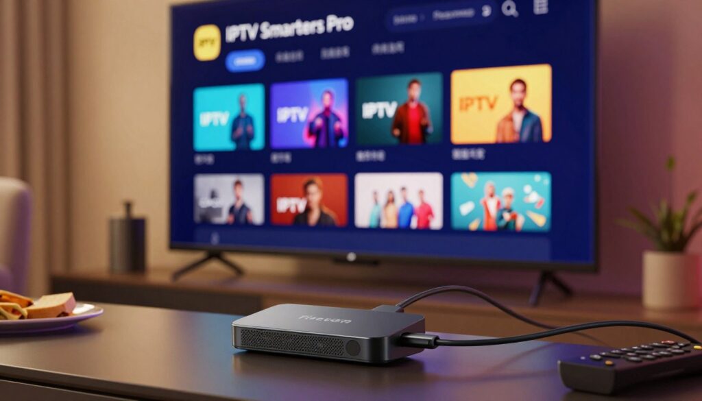 A close-up image of a sleek firestick device prominently displaying the IPTV Smarters Pro app interface on a vibrant television screen. In the foreground, the firestick is plugged into the TV, with clear icons representing various IPTV channels and categories showcased on the screen. The background features a cozy living room ambiance with soft, warm lighting illuminating the scene, creating a relaxed and inviting atmosphere. Subtle details like a modern coffee table with a remote and snacks enhance the home setting. The overall mood conveys excitement and modernity, emphasizing the ease of use and convenience of IPTV streaming on a Firestick in a contemporary home environment.