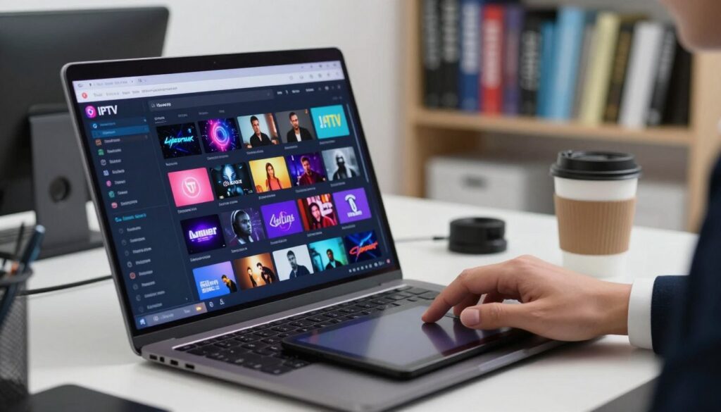 A close-up of a Linux desktop environment displaying an IPTV playlist configuration interface. In the foreground, there is a laptop with a sleek design, open to reveal vibrant, colorful IPTV channel thumbnails. A hand, dressed in a professional business attire, operates the touchpad, highlighting user interaction. In the middle ground, a modern workspace is visible with tech accessories and a coffee mug, giving a sense of productivity. The background features a softly blurred shelf filled with tech books about Linux and networking, creating an intellectual atmosphere. The lighting is bright and clear, evoking a focused, professional mood, as if in a tech-savvy office. The image captures the essence of configuring IPTV playlists on Linux, emphasizing clarity and ease of use.