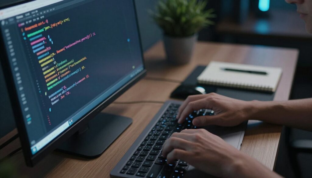 A close-up of a computer screen displaying the command line interface for installing "ibo pro" on a Linux operating system. The foreground features a detailed view of the terminal window filled with code and installation commands, illuminated by a soft glow from the monitor. In the middle ground, a pair of hands are typing on a sleek, modern keyboard, demonstrating the installation process. The background shows a tidy workspace with a laptop, a notebook, and a potted plant, conveying a tech-savvy atmosphere. The image is lit with a cool, ambient light that creates a focused and professional mood. The angle is slightly tilted to capture both the hand movements and the screen, drawing viewers into the installation process without any text overlays or distractions.