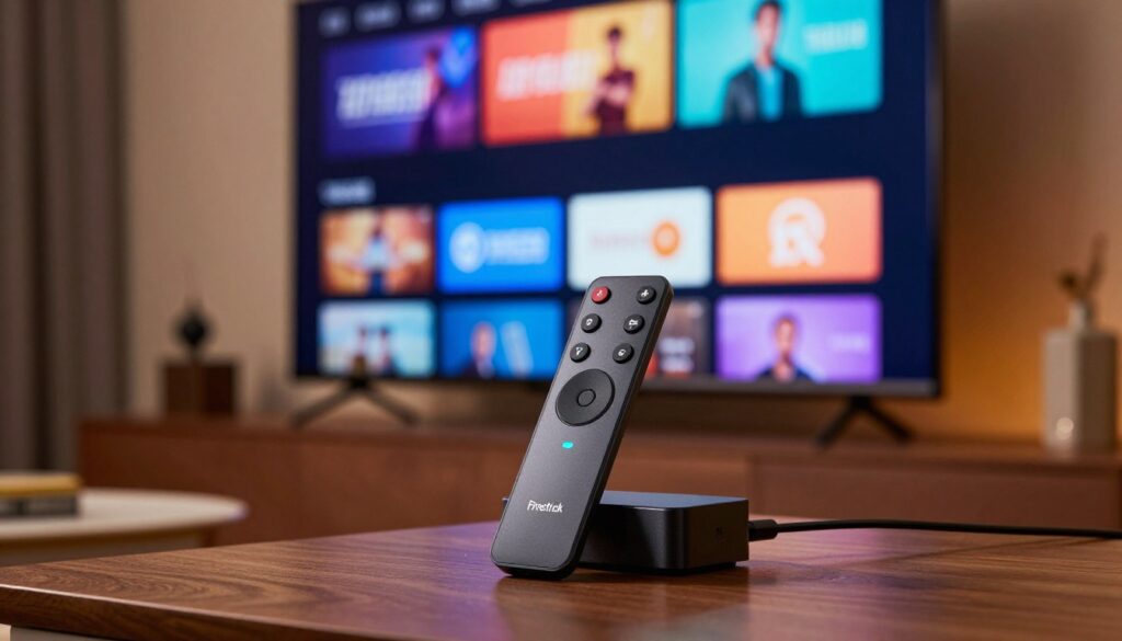 A close-up scene showcasing a modern Firestick device plugged into the back of a sleek flat-screen TV, emphasizing its remote control and streaming interface. The foreground includes the Firestick in sharp focus, highlighting its sleek design and LED indicator. In the middle, the TV screen displays vibrant streaming app icons, radiating an inviting glow in warm tones. The background features a cozy living room environment, softly illuminated by ambient lighting, with stylish furniture and a subtle hint of decor, creating a welcoming atmosphere for streaming entertainment. The overall mood is one of comfort and high technology, perfect for optimizing streaming performance.