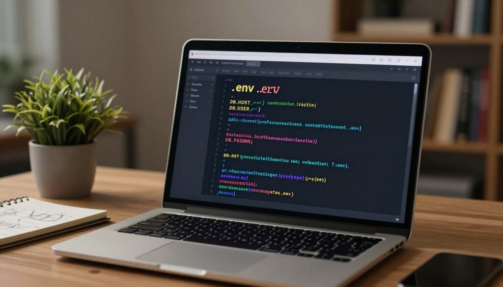 A close-up view of a .env configuration file displayed on a sleek laptop screen in a modern workspace. The laptop is positioned on a wooden desk, surrounded by a potted plant and a notepad with technical sketches. In the foreground, the .env file content clearly shows sections for database configurations, including variables like DB_HOST, DB_USER, and DB_PASSWORD, highlighting the lines in a contrasting color for visibility. The ambient lighting is soft and warm, creating a focused and inviting atmosphere. In the background, an out-of-focus bookshelf filled with programming books subtly emphasizes a tech-savvy environment. The overall mood conveys professionalism and technical expertise.