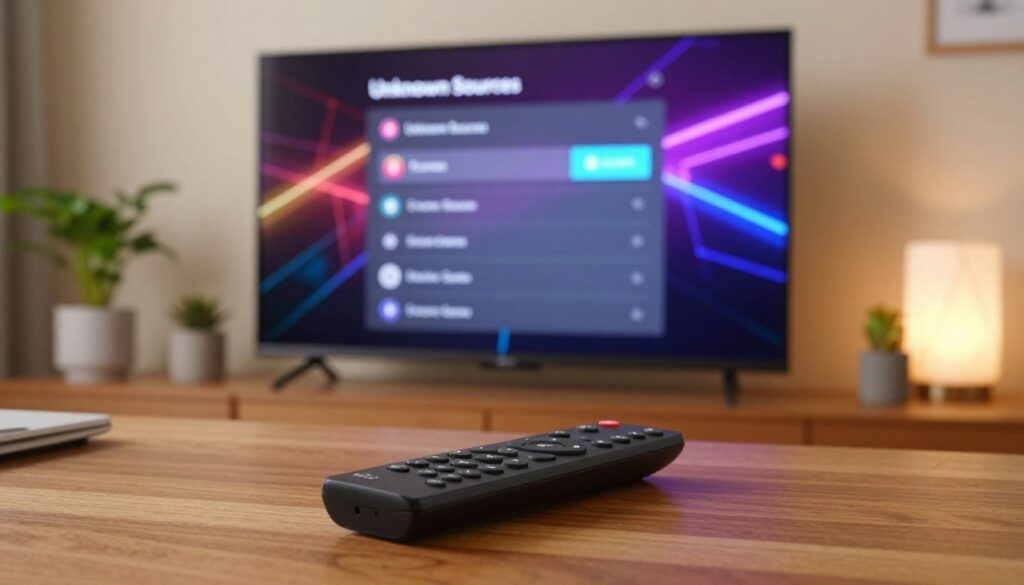 A close-up view of a Fire TV Stick remote control placed on a modern wooden table, showcasing the settings menu on a large flat-screen television in the background. The screen displays the "Unknown Sources" settings page, with vivid colors and a clear focus on the options available. Soft, warm lighting illuminates the room, creating a cozy atmosphere, while the remote is in the foreground, slightly angled towards the viewer to provide depth. The surrounding environment features minimalistic decor, such as a potted plant and a stylish lamp, enhancing the home entertainment vibe. The overall mood is inviting and tech-savvy, perfect for a guide on activating unknown sources on Firestick.