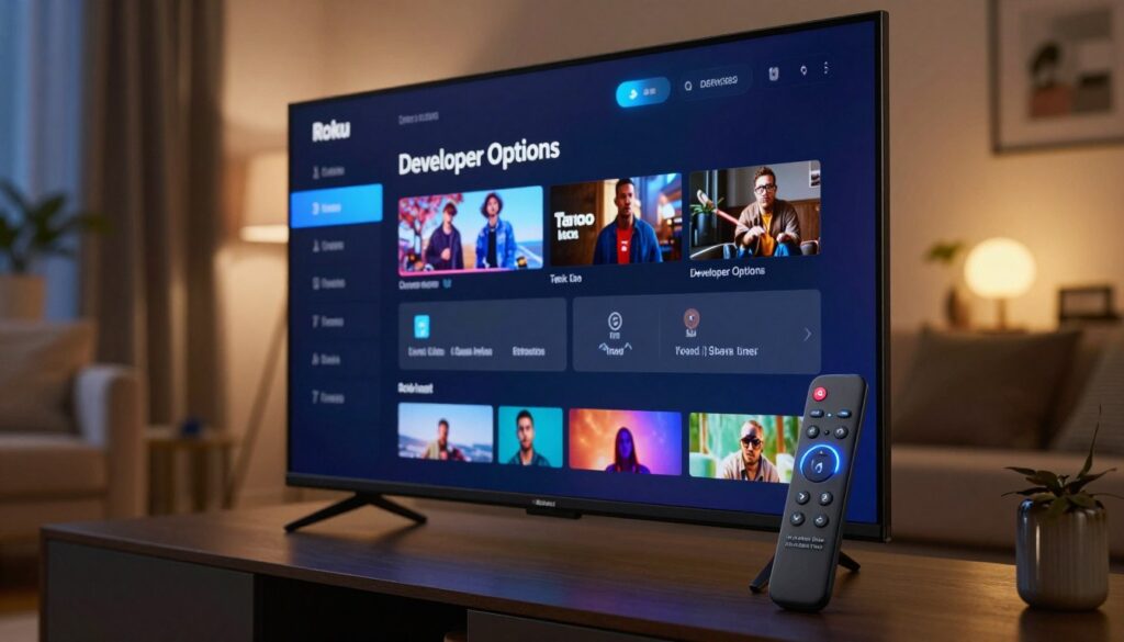 A close-up view of a Roku TV interface displaying the "Developer Options" menu, set against a softly blurred, modern living room background with a cozy atmosphere. In the foreground, the Roku remote control rests stylishly beside the TV, featuring a sleek design and glowing buttons. The TV screen is illuminated with a vibrant display showcasing various options, with a focus on "Developer Options," highlighting clarity and detail. The room is dimly lit with warm tones, creating a relaxed environment perfect for streaming. The angle captures the essence of home entertainment, inviting viewers to explore the capabilities of their Roku device in an engaging yet professional manner.