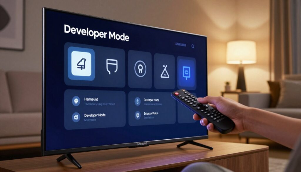 A close-up view of a Samsung Smart TV displaying the "Developer Mode" interface on the screen, showcasing an interactive design with focused icons and settings options related to app installation. The foreground features the sleek TV with a modern aesthetic, reflecting light source from a stylish living room lamp. In the middle ground, a subtle hand holding a remote control is visible, poised to select an option on the screen, suggesting user interaction. The background features a softly lit living room setting with a comfortable sofa, minimalistic decor, and warm ambient lighting, creating a cozy and tech-savvy atmosphere. The overall mood is focused and innovative, highlighting the technical sophistication of the smart TV's capabilities.