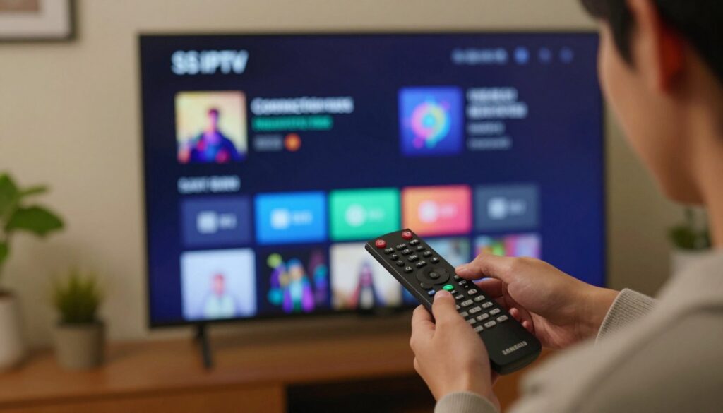 A close-up view of a Samsung Smart TV displaying the SS IPTV interface, highlighting common problems and troubleshooting solutions. The foreground features a user-friendly remote control in the hands of a person, wearing smart casual attire, looking intently at the screen. In the middle, the SS IPTV home screen shows various error messages and settings options, such as connection issues and app updates. The background includes a cozy living room setup with soft lighting illuminating the space, creating a warm and inviting atmosphere. The angle should be slightly tilted to enhance engagement, focusing on both the TV and the user's interaction.