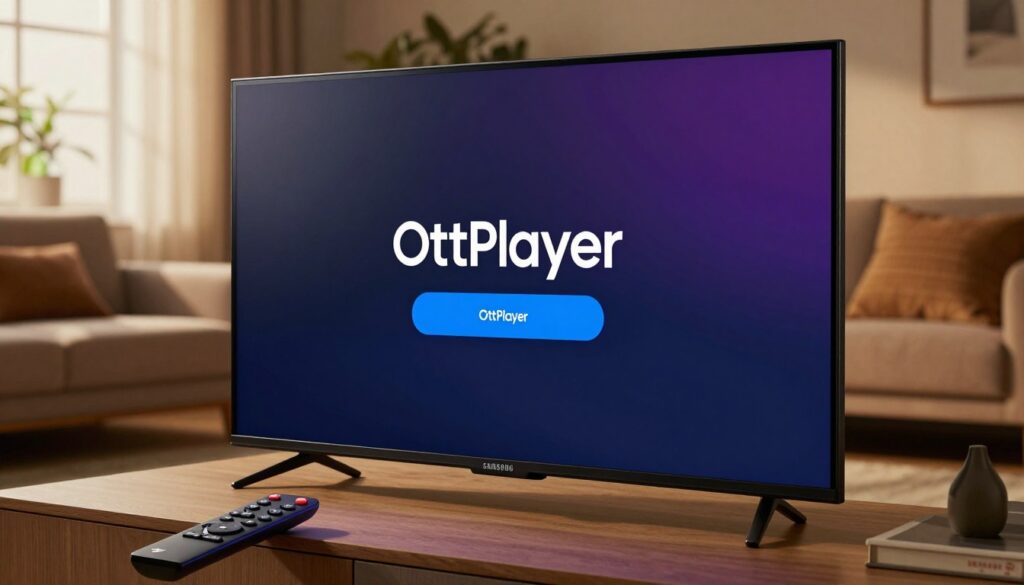 A close-up view of a Samsung Smart TV displaying the installation process for OttPlayer, highlighting an interactive user interface on the screen. In the foreground, a sleek remote control lies beside the TV, featuring clear buttons to indicate navigation. The middle ground showcases a modern living room setting with a cozy sofa and stylish decor, bathed in warm, inviting lighting. Soft shadows create a comforting atmosphere. In the background, a window allows natural light to filter in, complementing the ambient illumination of the room. The scene feels user-friendly and approachable, conveying a sense of simplicity and ease in technology. No text or overlays are present, focusing purely on the instructional aspect of the installation process.