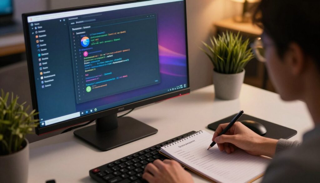 A close-up view of a computer monitor displaying the Linux operating system interface, specifically highlighting the installation preparation for Kodi. In the foreground, a user is seated at a sleek, modern desk, intently studying system requirements on a notepad beside the keyboard. The middle ground features the monitor with clear, vibrant icons and system specifications on the screen, while the background shows a cozy tech workspace with soft, ambient lighting and potted plants. The atmosphere is calm and focused, suggesting productivity and attention to detail. The lighting is warm and inviting, enhancing the tech-savvy feel of the scene, captured from a slight overhead angle for depth.