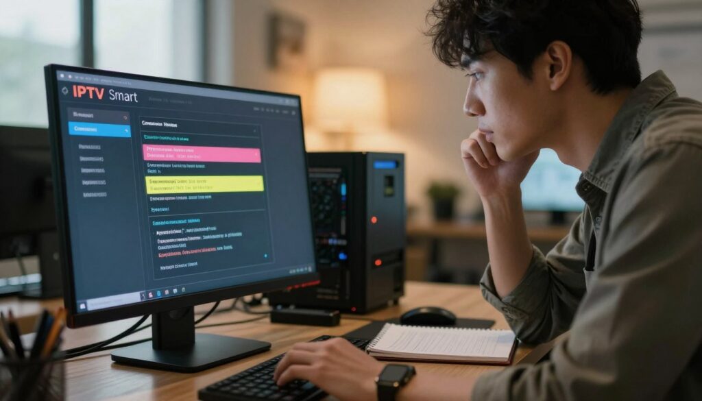 A close-up view of a computer screen displaying an IPTV Smart installation interface with error messages highlighted. In the foreground, a professional-looking technician in smart casual attire is leaning over the desk, thoughtfully analyzing the screen. The middle ground features a well-organized workspace with tools and a notebook opened with notes on IPTV troubleshooting. The background shows a soft-lit room with warm lighting, creating a focused atmosphere. A faint outline of a window can be seen, suggesting natural light filtering in. The overall mood conveys a sense of problem-solving and determination, emphasizing the theme of tackling common IPTV issues effectively.