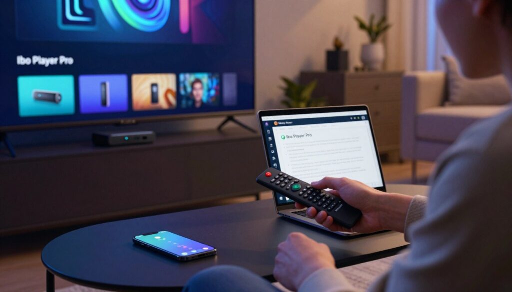 A close-up view of a modern living room featuring a Fire TV Stick plugged into a television, illuminating the screen with the Ibo Player Pro interface. In the foreground, a person in smart casual attire is shown troubleshooting the TV setup, holding a remote control with focused intent. In the middle, various devices like a smartphone and laptop are on a coffee table, displaying tips and documentation about Ibo Player Pro. The background reveals a cozy, well-decorated room with soft ambient lighting, enhancing the atmosphere of a relaxing tech-friendly environment. The overall mood is one of productivity and problem-solving, inviting the viewer to engage with the technical setup.