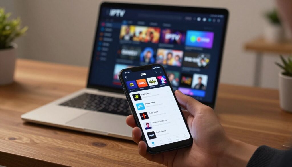 A close-up view of a sleek, modern digital interface displaying an IPTV playlist and EPG configuration on a smartphone screen. In the foreground, the phone is held in a professional hand, showcasing a user-friendly app interface filled with vibrant channel logos and program details. In the middle, a stylish wooden desk features an elegant laptop displaying a separate IPTV setup on its screen, indicating a seamless installation process. The background is softly blurred to emphasize the tech devices, with warm ambient lighting creating a professional yet inviting atmosphere. The focus is on clarity and usability of the IPTV settings, reflecting a smooth installation experience for users.
