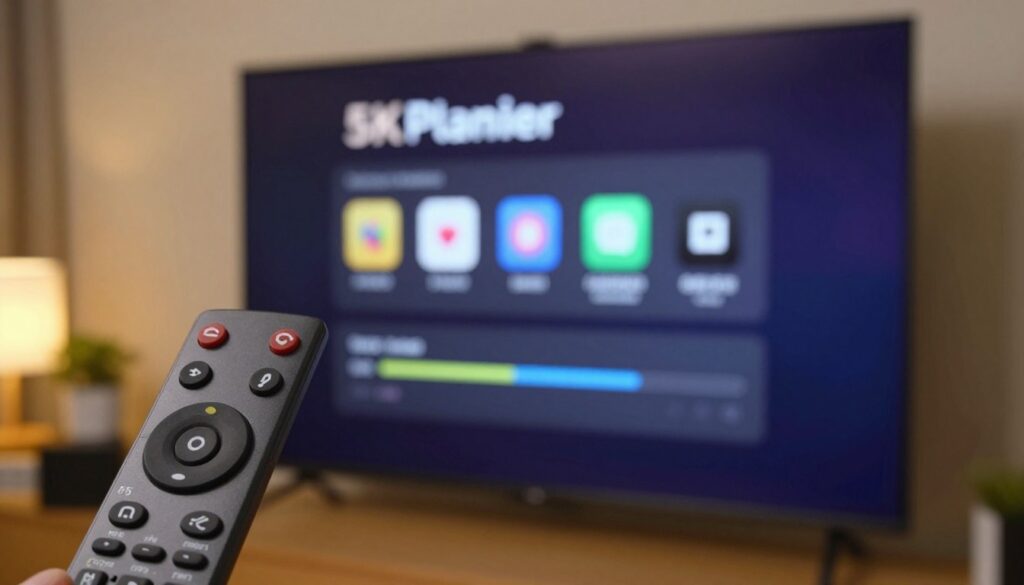 A close-up view of a smart TV interface displaying the installation process of 5KPlayer on an Amazon Firestick. In the foreground, show the Firestick remote control, positioned next to the TV, with an emphasis on the buttons used for navigation. The middle area features the TV screen with a clear, easy-to-read interface indicating the installation steps, vividly showing app icons and progress bars. The background includes a cozy living room setting with soft, warm lighting, creating a welcoming atmosphere. Use a shallow depth of field to focus on the TV screen while softly blurring the background, and capture the image from a slight angle for depth. The mood is informative and engaging, suitable for a tech-savvy audience.