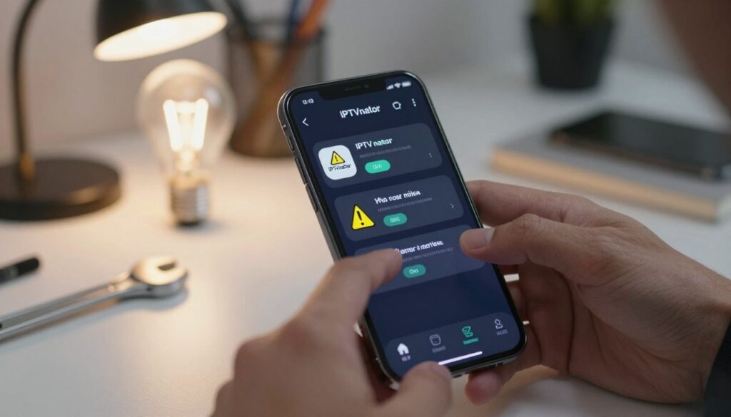 A close-up view of a smartphone displaying the IPTVnator app interface on an iPhone, with common issues depicted visually as error messages and warning symbols appearing on the screen. The foreground features the smartphone in focus, while blurred hands are gently tapping the screen, dressed in professional business attire. In the middle ground, a subtle arrangement of troubleshooting tools like a wrench and light bulb are placed beside the phone, symbolizing solutions. The background softly fades into a modern workspace setting with pleasant lighting – warm tones from a desk lamp create an inviting atmosphere. The overall mood conveys a sense of determination and problem-solving, ideal for illustrating common problems and solutions related to using IPTVnator on iOS devices.