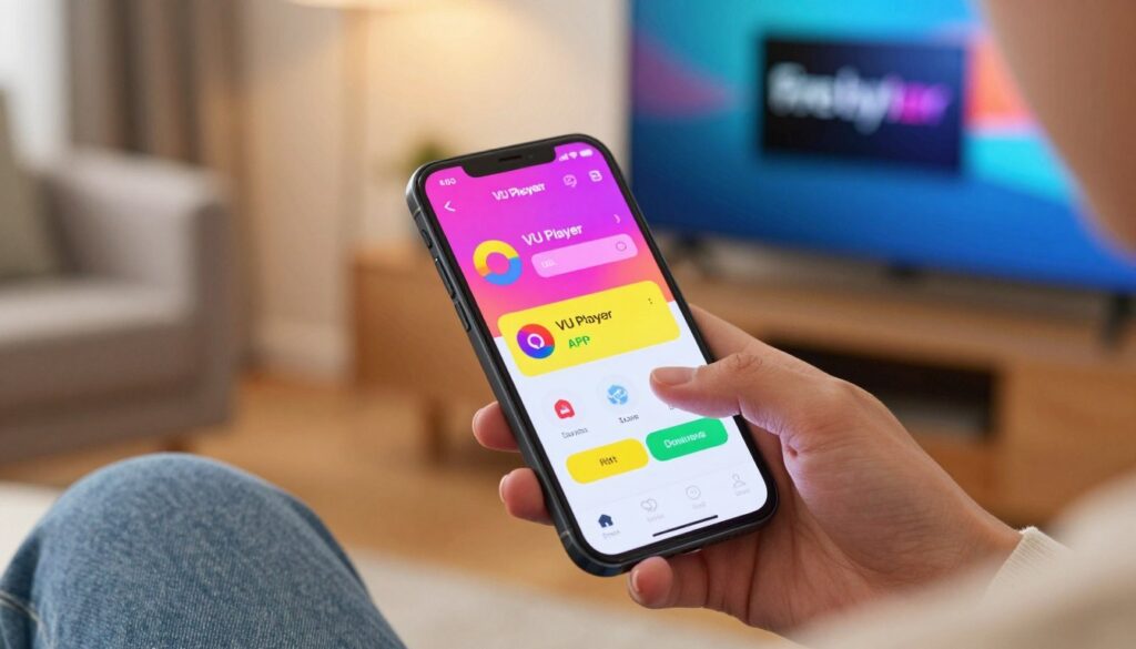A close-up view of a smartphone screen displaying the VU Player APK URL interface, showcasing a user-friendly design filled with vibrant colors. In the foreground, the hand of a person in smart casual attire is gently touching the screen, demonstrating the action of navigating to the download option. The middle layer features a blurred background of a cozy living room setting, with a TV in the corner displaying the home screen of a Firestick device. Soft but bright lighting emphasizes the screen's clarity while casting warm hues throughout the room, creating an inviting atmosphere. The focus should be sharp on the smartphone and the user's hand, with a slight bokeh effect behind to enhance engagement with the subject. The mood conveys ease of use and accessibility in technology.