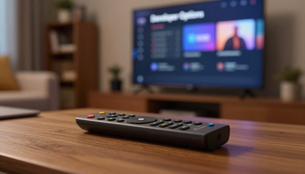 A close-up view of the Amazon Fire Stick remote on a wooden surface, surrounded by a soft glow of ambient light. The foreground features the remote with distinct buttons clearly visible, focusing especially on the "Settings" and "Developer Options" buttons. In the middle, a blurred TV screen in the background displays the Fire Stick interface, showcasing the settings menu with a focus on the "Developer Options." The setting has a cozy, modern living room ambiance, with a couch and bookshelf slightly out of focus, providing context without distraction. The overall mood is warm and inviting, emphasizing preparation for installation tasks. The lighting is soft, creating a relaxed atmosphere perfect for tech discussions.