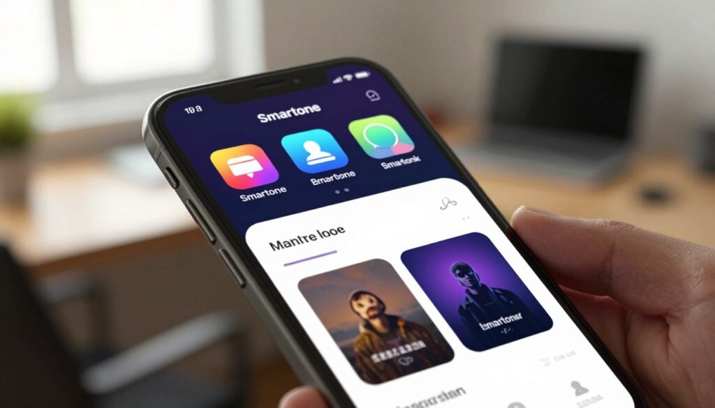 A close-up view of the Smartone app interface on an iPhone screen, showing a modern and sleek navigation layout. The foreground features the app's home screen, showcasing vibrant icons and a content overview section. In the middle, a smooth transition to sub-navigation items, emphasizing usability and intuitive design. The background is softly blurred, suggesting a cozy workspace with a well-lit desk. Natural light spills from a nearby window, creating a warm atmosphere. The image is captured with a slight angle, focusing on the app's user-friendly interface, while maintaining a professional and engaging mood. Overall, the display should reflect a blend of technology and simplicity, ideal for users navigating the application.