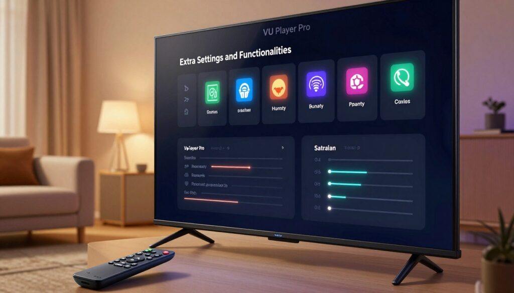 A close-up view of the VU Player Pro interface displayed on a sleek smart TV. The interface features distinct settings menus with vibrant icons and streamlined navigation options that highlight "Extra Settings and Functionalities." In the foreground, a remote control rests nearby, showcasing the device's modern design. The middle ground includes a cozy living room setting, complete with a plush couch and minimalistic decor, enhancing the overall tech-savvy atmosphere. The background features soft, ambient lighting that adds a warm glow to the room, creating an inviting mood. The image should be captured at eye level, with a focus on clarity and detail, ensuring the interface is prominently displayed.