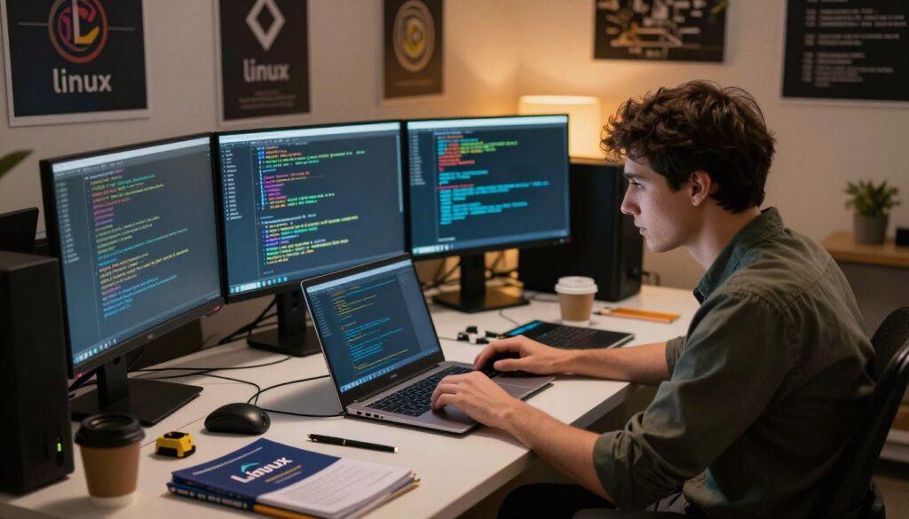 A computer technician troubleshooting a Linux installation error on a laptop, surrounded by multiple monitors displaying terminal commands and error messages. The foreground features the technician, dressed in smart casual attire, focused on the screen, with an expression of concentration. In the middle, a cluttered desk with tools, notepads, Linux manuals, and a coffee cup adds to the work environment. The background showcases a softly lit room with posters of Linux logos and programming languages on the walls, creating a tech-savvy atmosphere. Warm lighting highlights the scene, giving it a cozy yet professional feel. The camera angle is slightly elevated, capturing the technician's workspace and emphasizing the troubleshooting process.