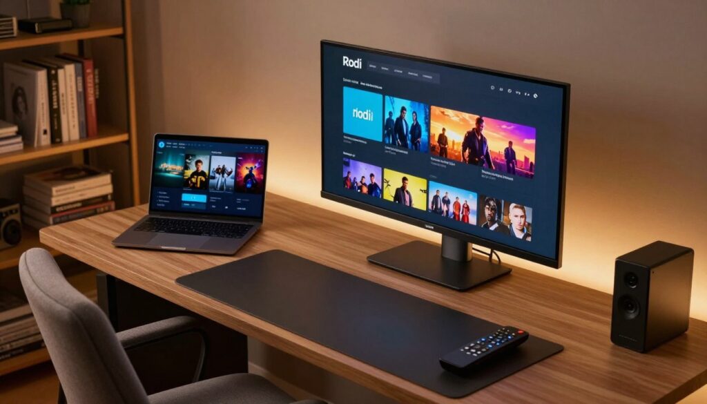 A cozy home office setting featuring a sleek Kodi media center on a modern desk. In the foreground, a high-resolution monitor displays the Kodi interface, showcasing vibrant thumbnails of various media options. The middle ground includes a stylish laptop and a remote control on the desk, hinting at easy navigation. Soft, warm lighting bathes the room, creating a welcoming atmosphere. A plush chair is angled towards the screen for comfortable viewing. In the background, shelves lined with books and media add depth and a personal touch. The scene is framed with a slight overhead angle to capture the entire setup, emphasizing the personalization of the Kodi experience. The overall mood is inviting and tech-savvy, ideal for a personalized media center.