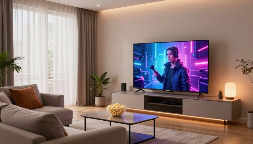 A cozy living room designed for optimal viewing experience features a large Samsung Smart TV displaying vibrant colors. In the foreground, a comfortable sofa with decorative cushions invites relaxation, while a sleek coffee table holds a bowl of popcorn. The middle ground showcases the TV, which is set against a modern media console with ambient LED lighting. In the background, soft curtains filter natural light, creating a warm and inviting atmosphere. The room is well-lit with a combination of soft overhead lights and subtle lamps, enhancing the inviting mood. The angle captures both the TV and the seating area, emphasizing the idea of a perfect viewing setup. Aim for a realistic, tranquil ambiance that highlights the enjoyment of watching content in comfort.