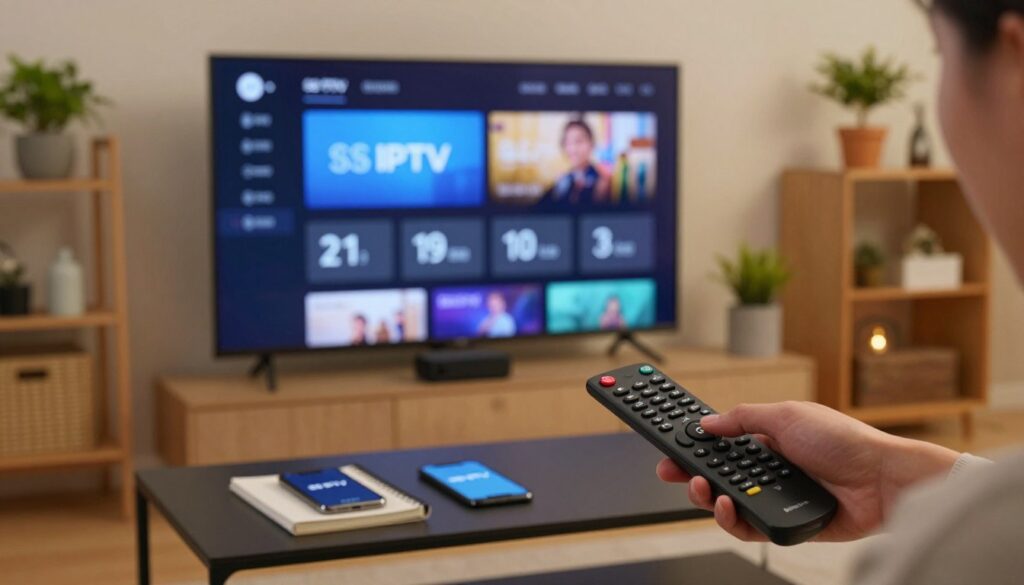 A cozy living room scene featuring a Fire TV Stick plugged into a flat-screen television. In the foreground, a hand is seen operating a remote control, focused on navigating the SS IPTV installation menu. The middle ground showcases a sleek, modern coffee table with a small notebook and a smartphone displaying the SS IPTV app’s logo. The background reveals a shelf with potted plants and decorative items, enhancing the homey atmosphere. Soft, warm lighting casts a gentle glow, creating an inviting mood. The angle is slightly tilted, capturing both the television and the surrounding decor, portraying a user-friendly, informal installation procedure. The composition conveys clarity and purpose, emphasizing the ease of the installation process without any distractions or text.