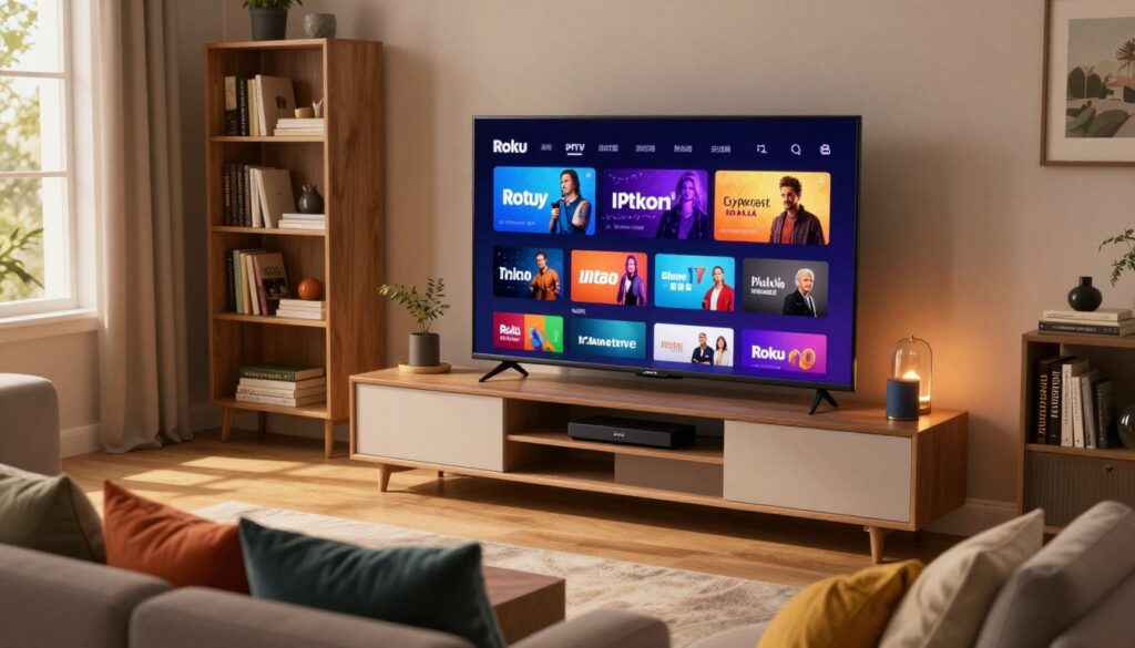 A cozy living room scene featuring a Roku device prominently displayed on a modern TV stand. In the foreground, a stylish sofa with colorful cushions invites viewers to relax. On the TV screen, a vivid interface displaying various IPTV and streaming service icons is visible, showcasing Roku's diverse offerings. The middle background includes a softly lit ambiance, enhancing the inviting atmosphere with warm, ambient lighting. Shelves filled with books and decor flank the TV, while a large window allows natural sunlight to stream in, creating a pleasant and welcoming mood. The overall composition is sharp and clear, taken from a slightly elevated angle to capture the environment's richness and create depth, emphasizing the accessibility and enjoyment of IPTV services on Roku.