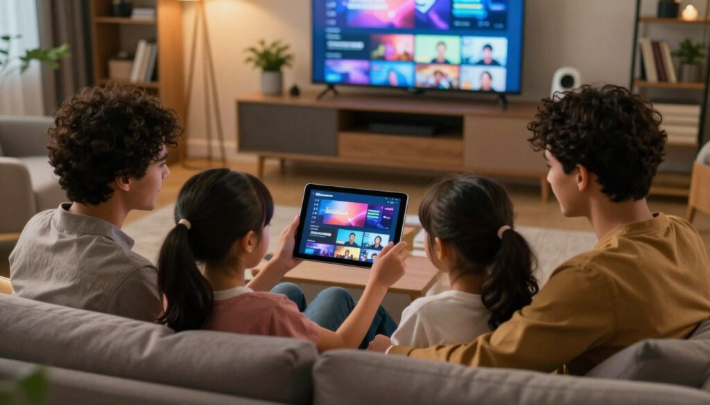 A cozy living room scene featuring a family comfortably seated on a stylish sofa, engaged with an iPad streaming IPTV content. The family, dressed in casual yet polished clothing, shows diverse backgrounds and ages, representing unity in entertainment. Soft, warm lighting creates an inviting atmosphere, emphasizing a relaxed vibe. In the background, a large smart TV displays colorful visuals of digital streaming services, while hints of modern decor, like plants and bookshelves, enhance the setting. The composition should focus on the family's interaction with technology, while the camera angle captures this interaction from slightly above, creating depth and perspective. The overall mood is one of enjoyment and connection, illustrating tips for optimal IPTV streaming in a relatable, family-friendly environment.