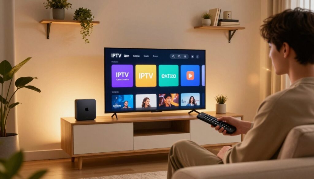 A cozy living room scene featuring a sleek Apple TV prominently displayed on a modern entertainment unit, with the IPTV Extreme app interface visible on the screen. In the foreground, a professional-looking young adult wearing smart casual attire is seated on a comfortable sofa, using a remote control with a focused expression. The background showcases warm ambient lighting, with a wall-mounted shelf displaying decorative elements like plants and books. The overall atmosphere is inviting and tech-savvy, with soft shadows that enhance the cozy feel. A subtle lens flare adds a touch of brightness, giving the impression of a well-lit space, perfect for enjoying IPTV content. The image captures the essence of modern home entertainment, ideal for illustrating the installation process on Apple TV.