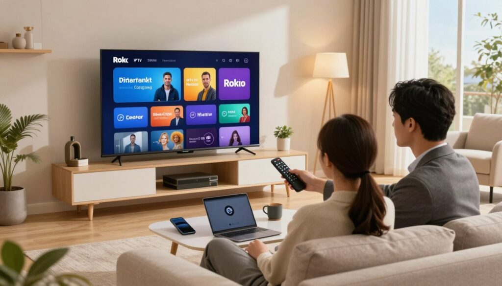 A cozy living room scene showcasing a modern smart TV displaying an IPTV interface on Roku. In the foreground, a male and female user, both in professional business attire, are seated on a comfortable sofa, engaged with a sleek remote, demonstrating the screen mirroring feature. The middle layer includes a coffee table with tech accessories like a smartphone and laptop, emphasizing connectivity. The background features a well-lit room with soft ambient lighting, stylish decor, and a large window revealing a sunny day outside. The atmosphere is relaxed and tech-savvy, inviting viewers to explore alternative methods to enhance their IPTV experience.