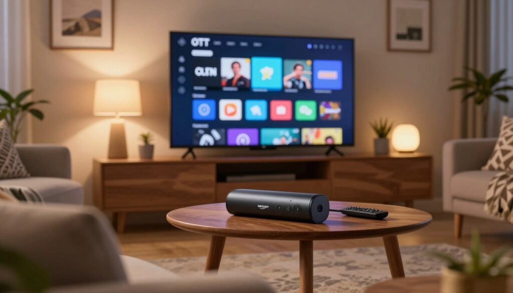 A cozy living room setting featuring a sleek Amazon Fire Stick plugged into a modern flat-screen TV displaying the OTT Navigator interface. The foreground includes a comfortable sofa with patterned cushions and a stylish wooden coffee table with a remote control beside it. In the middle ground, the TV screen shows a clearly organized OTT Navigator home screen with various app icons and a user-friendly layout. The background features soft ambient lighting from table lamps, creating a warm and inviting atmosphere. The room is tastefully decorated with minimalistic wall art and plants, ensuring a homey feel. The scene is captured with a slight low angle for a dynamic perspective, highlighting the technology and creating an engaging visual mood.