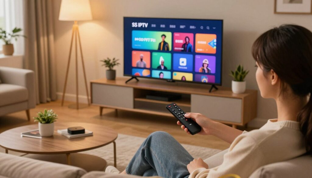 A cozy living room setting featuring an Apple TV prominently displayed on a modern television stand. The screen shows the SS IPTV app interface, with colorful icons representing various streaming options. In the foreground, a user, dressed in smart casual attire, is sitting on a comfortable sofa, using the Apple TV remote to navigate through the app. Soft, warm lighting illuminates the room, creating a welcoming atmosphere. The room is decorated with tasteful furniture and a few indoor plants, adding to the relaxed mood. The perspective is slightly from above, capturing both the user’s engaged expression and the vibrant app interface on the screen. The overall ambiance is one of technological ease and home comfort, inviting viewers to learn more about the installation process.