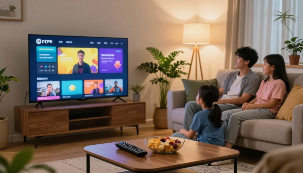 A cozy living room setting showcasing a smart TV displaying a vibrant IPTV interface. In the foreground, a stylish coffee table with a remote control and snacks, creating a relaxed atmosphere. In the middle ground, a comfortable couch with a family enjoying their streaming experience, dressed in casual attire, highlighting the joy of watching together. The background features lush indoor plants and soft lighting from a standing lamp, enhancing a warm, inviting ambiance. The composition captures the essence of an optimal streaming experience, emphasizing comfort and technology. Use soft, natural light to bring warmth, with a slight focus on the TV screen, presenting clarity and detail in the IPTV interface.