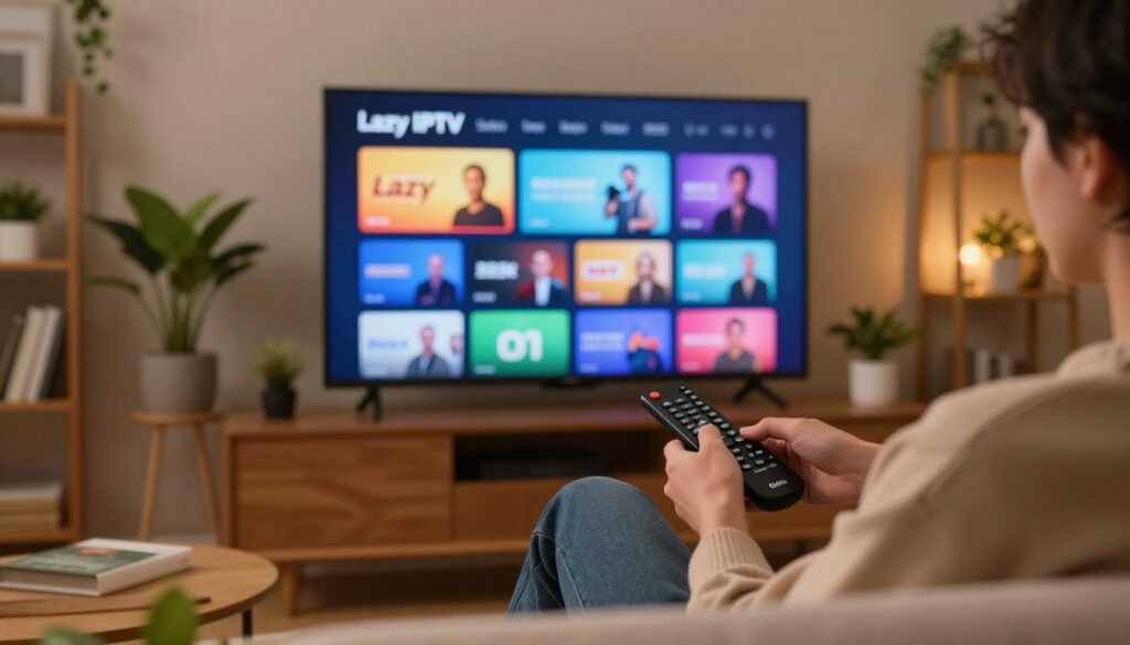 A cozy living room setup featuring a modern Roku TV displaying the Lazy IPTV interface with vibrant streaming options. In the foreground, a person in casual, comfortable clothing is seated on a plush sofa, attentively using a remote control. The middle focuses on the TV screen, showing colorful icons of various IPTV channels, highlighting the interface's user-friendly design. In the background, soft ambient lighting creates a relaxed atmosphere, with decorative elements like potted plants and bookshelves enhancing the cozy vibe. The image captures a moment of installation excitement, showcasing technology in a home environment, with a warm color palette emphasizing comfort and ease of use.