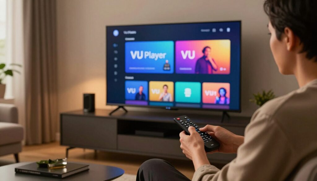 A cozy, modern living room featuring an Apple TV prominently displayed on a sleek entertainment unit. The foreground shows a user, a middle-aged person in smart casual attire, focused on a remote control, with a look of concentration as they navigate the installation of VU Player. In the middle, a large screen displays the VU Player interface, with vibrant colors showcasing its user-friendly design. In the background, soft ambient lighting creates a warm atmosphere, with a hint of natural light filtering through a nearby window. The image is captured from a slightly low angle to emphasize the user’s interaction with the technology, conveying a sense of engagement and excitement about installing the software.