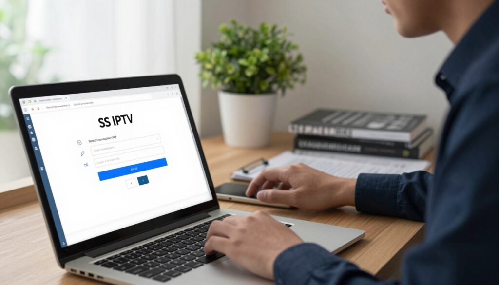 A detailed desktop scene depicting the installation process of SS IPTV on a Linux operating system. In the foreground, a sleek laptop with a clear display showing the SS IPTV interface and installation progress. The keyboard is partially visible, featuring clean, modern keys. In the middle, a professional individual dressed in smart-casual attire is focused on the screen, actively typing. The background features a well-organized workspace with a potted plant and some technical manuals related to Linux. Soft, natural lighting illuminates the space, creating a warm and inviting atmosphere. A shallow depth of field emphasizes the laptop and user, with a slight bokeh effect on the background, conveying a productive and tech-savvy mood suitable for an instructional article.